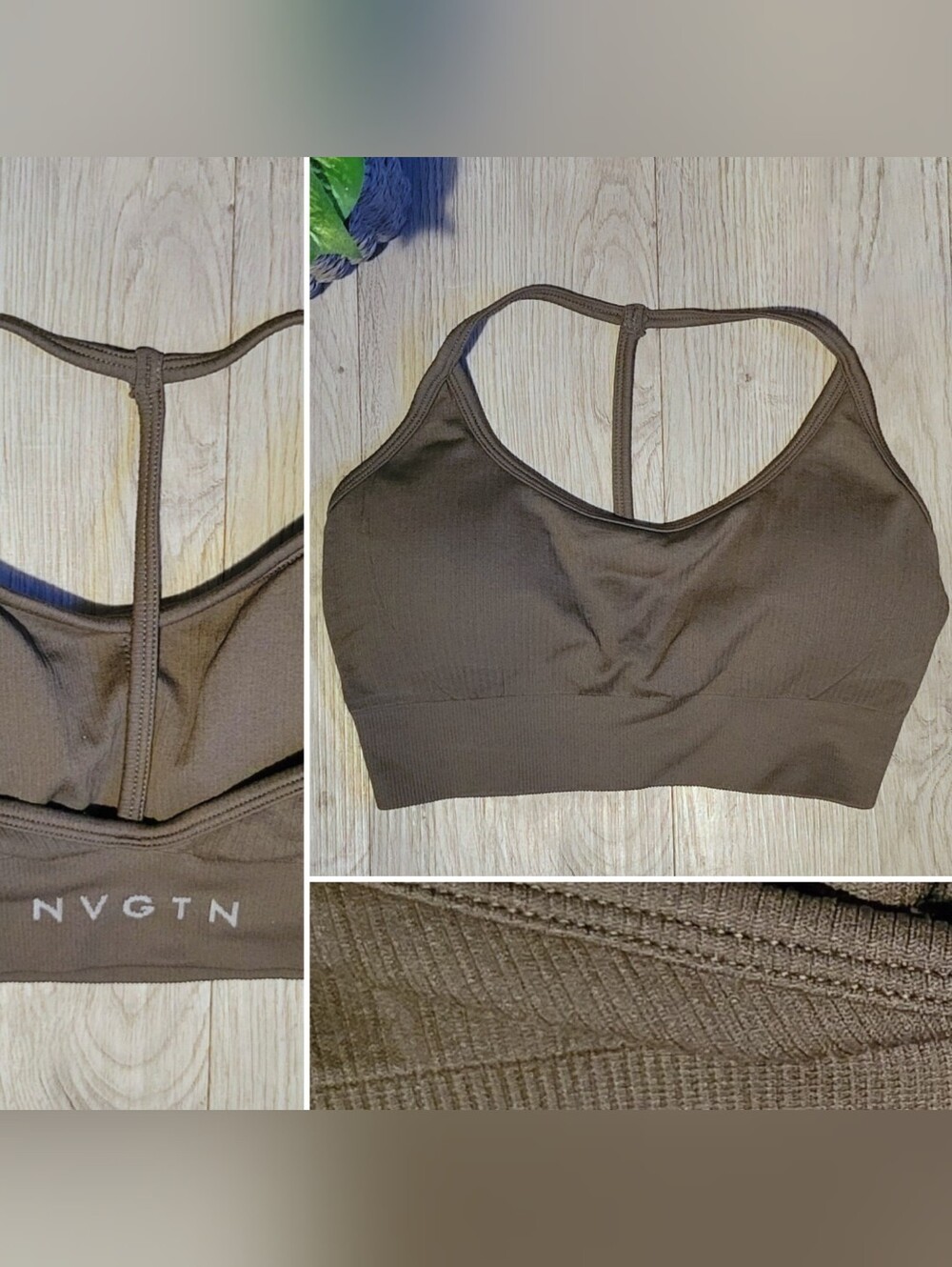 NVGTN Wander Seamless Khaki Green Ribbed T-Back Low Impact Sports Bra, Small